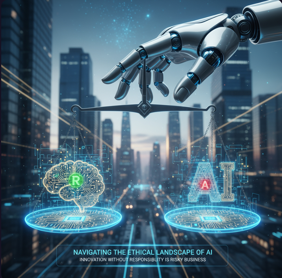 Robot hand balancing scale representing AI ethics and responsible AI in IT.