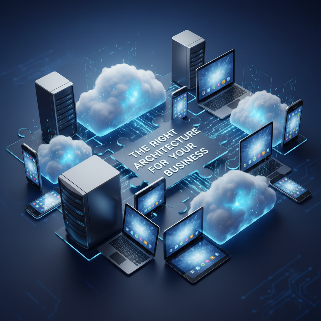 Edge vs. Cloud: Graphic Image features different choices interconnecting your business Choosing the Right Architecture for Your Business