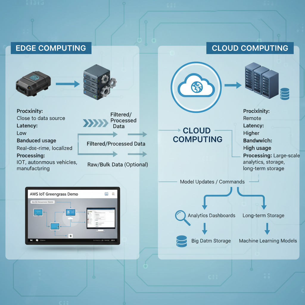 Infographic comparing edge computing vs. cloud computing: latency, bandwidth, and scalability metrics for business IT decisions in 2025/2026.