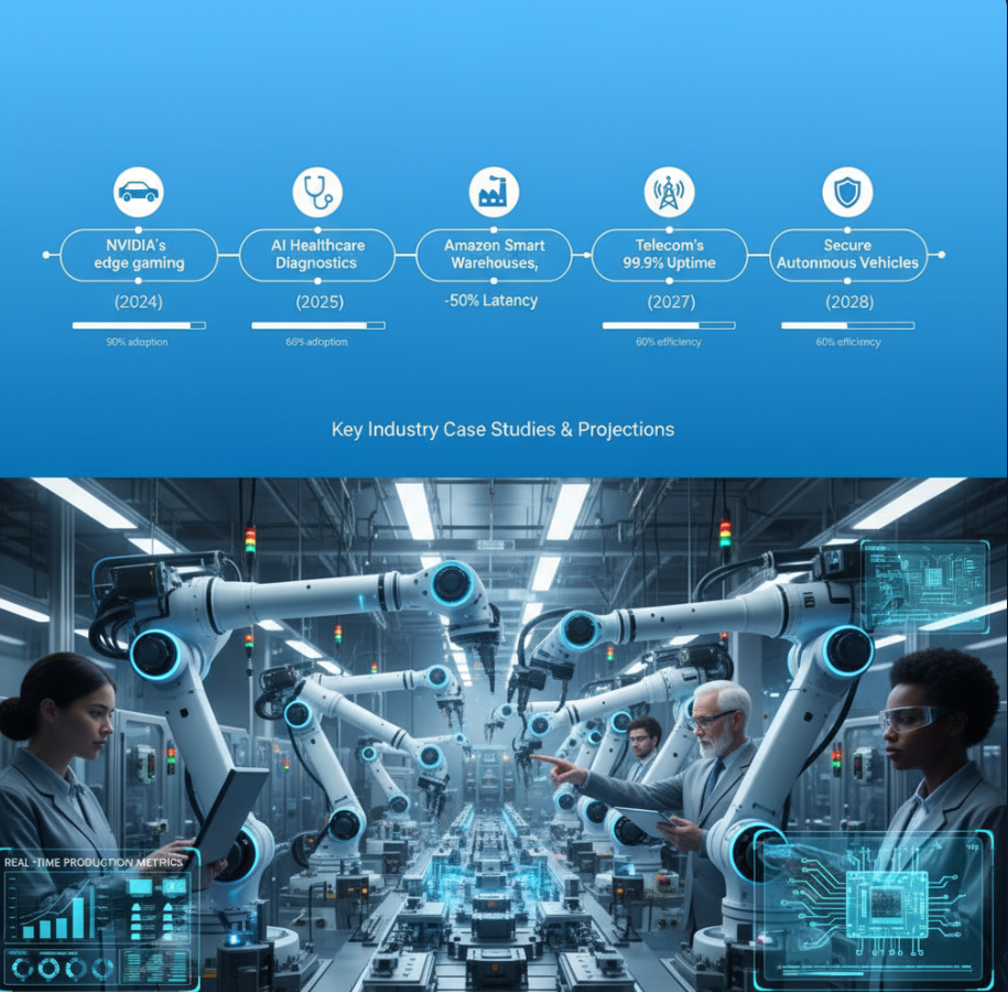 Edge computing enabling predictive maintenance in a modern factory.
