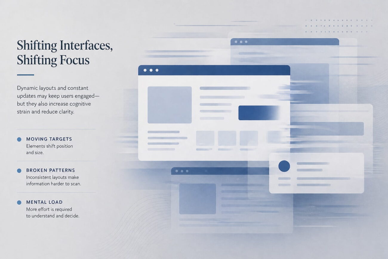 “Abstract shifting interface layers representing cognitive load from constant change.”