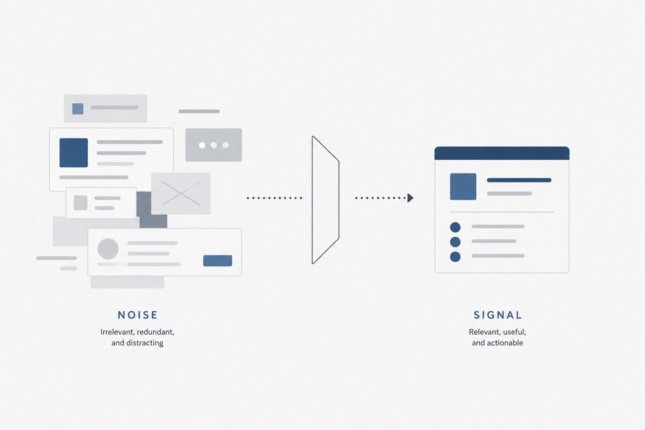 Minimal abstract UI shapes representing the separation of signal and noise