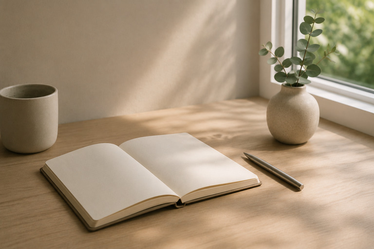 A minimal desk with an open notebook and pen in soft natural light, suggesting slow, deliberate thinking.